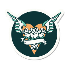 tattoo style sticker of a flying heart with flowers and banner