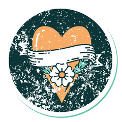 distressed sticker tattoo style icon of a heart flower and banner