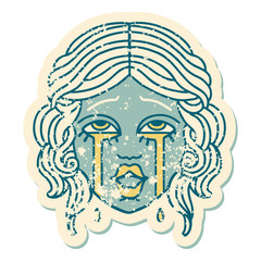 distressed sticker tattoo style icon of a very happy crying female face