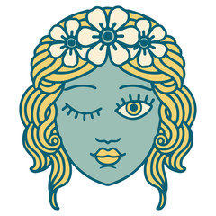 tattoo style icon of a maidens face winking