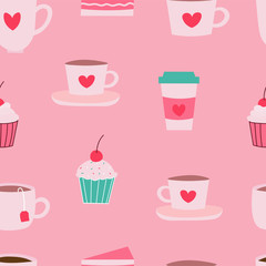 Cups,mugs,cupcakes,cakes and muffins seamless repeat vector pattern for wrapping paper,print,fabrics.