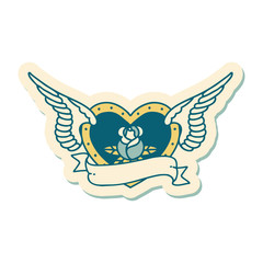 tattoo style sticker of a flying heart with flowers and banner