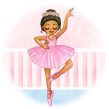 Cute watercolor afro princess ballerina