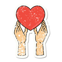 traditional distressed sticker tattoo of a hands reaching for a heart