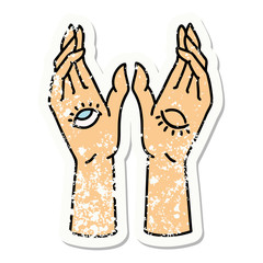 traditional distressed sticker tattoo of mystic hands