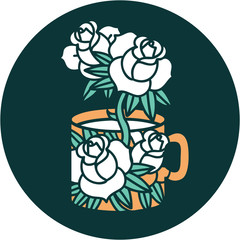 tattoo style icon of a cup and flowers
