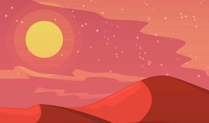 Mars planet futuristic landscape with mountains in deserted area vector illustration. Starry sky and red sandy deserted dunes on Mars landscape. Futuristic panorama. Background. Banner. Poster.