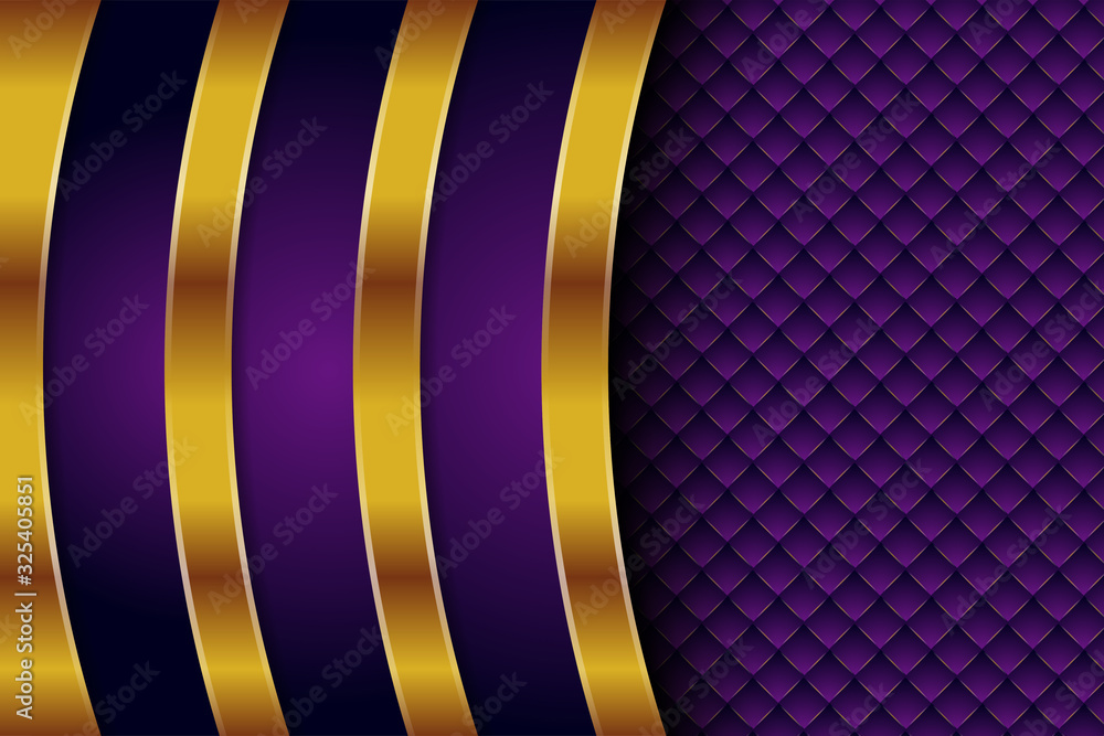 Poster vector purple background with curve gold element decoration. dynamic abstract gradient with gold lin
