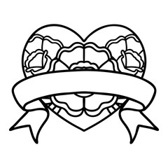 black line tattoo of a heart and banner with flowers