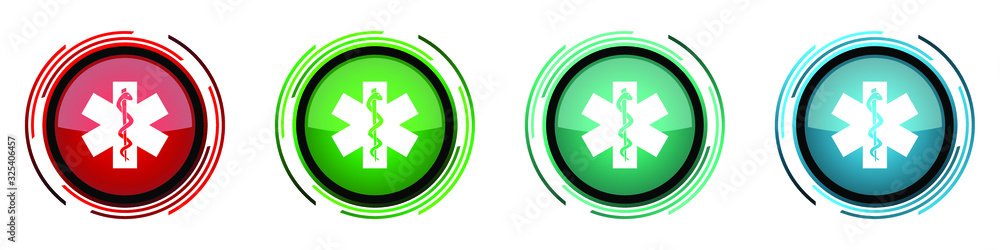 Aufkleber Emergency round glossy vector icons, set of buttons for webdesign, internet and mobile phone applications in four colors options isolated on white background