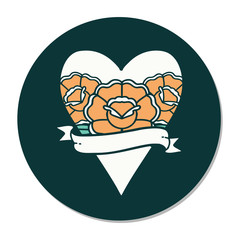 tattoo style sticker of a heart and banner with flowers