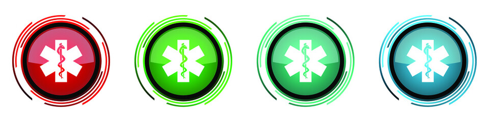 Emergency round glossy vector icons, set of buttons for webdesign, internet and mobile phone applications in four colors options isolated on white background