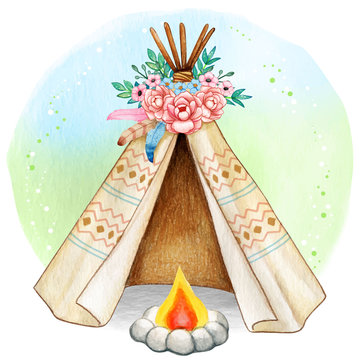 Watercolor Boho Spring Tribal Tent With Camp Fire