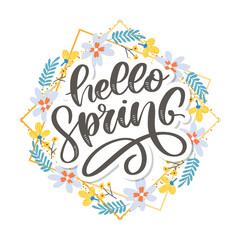 Hello Spring Flowers Text Background lettering slogan