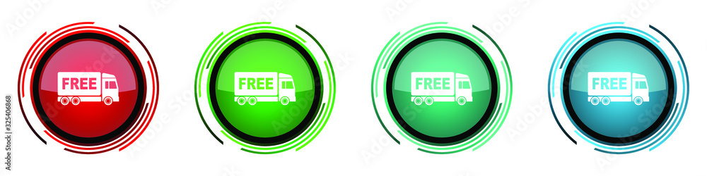 Poster Free delivery round glossy vector icons, set of buttons for webdesign, internet and mobile phone applications in four colors options isolated on white background