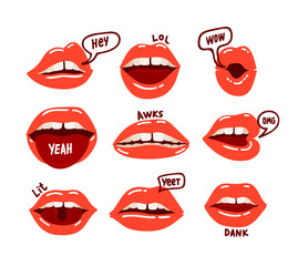 Fototapeta na wymiar Woman Mouth Set. Red Sexy Lips Expressing Different Emotions as Happy Smiling, Seduction, Show Tongue, Kiss, Surprising, Disgust. Design Elements, Icons, Stickers Cartoon Vector Illustration Clip Art