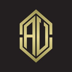 AU Logo monogram with hexagon shape and outline slice style with gold colors