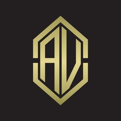 AV Logo monogram with hexagon shape and outline slice style with gold colors