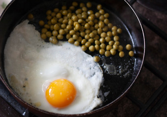 Breakfast, fried eggs and green peas in a frying pan