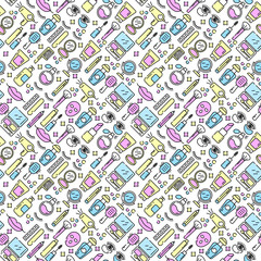 Vector cosmetics and beauty icons in trendy linear style - set beauty salon for women. Seamless pattern.