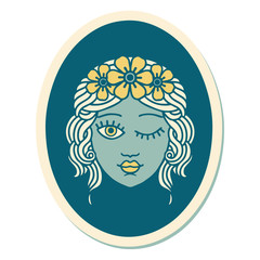 tattoo style sticker of a maiden with crown of flowers winking