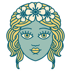 tattoo style icon of female face with crown of flowers