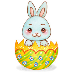 cute watercolor blue rbunny in a decorated half egg shell
