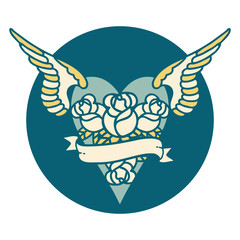 tattoo style icon of a flying heart with flowers and banner