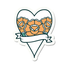 tattoo style sticker of a heart and banner with flowers