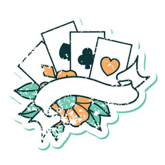 distressed sticker tattoo style icon of cards and banner