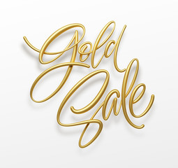 Realistic golden inscription sale on a white background. Sale banner design. Lettering for banner design. Shopping promotion illustration. Vector illustration