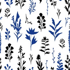 Flowers ink silhouettes illustration set of elements hand drawing seamless pattern