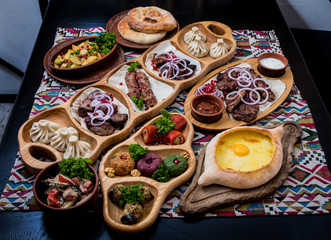 Georgian cuisine food set. Georgian restaurant. Restaurant background.