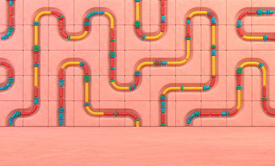 Empty pink room with Tiled blocks and pipe holes on the wall, colorful shapes flowing for product and typograph, 3d rendering