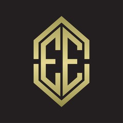 EE Logo monogram with hexagon shape and outline slice style with gold colors