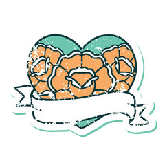 distressed sticker tattoo style icon of a heart and banner with flowers