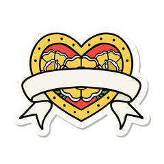 tattoo style sticker of a heart and banner with flowers