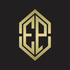 EP Logo monogram with hexagon shape and outline slice style with gold colors