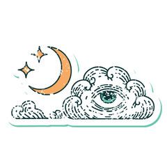 distressed sticker tattoo style icon of a moon stars and cloud