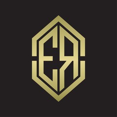 ER Logo monogram with hexagon shape and outline slice style with gold colors