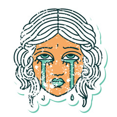 distressed sticker tattoo style icon of female face crying