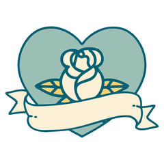 tattoo style icon of a heart rose and banner