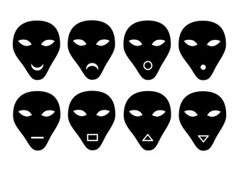 Eight face icons of a stylized man, an alien from a UFO with various emotions. Vector art graphic.