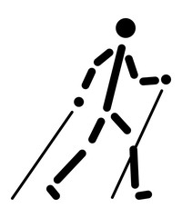 Silhouette of a walking man with trekking poles. Cartoon character drawing. Logotype. Nordic walking. Vector graphics