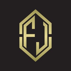 FJ Logo monogram with hexagon shape and outline slice style with gold colors