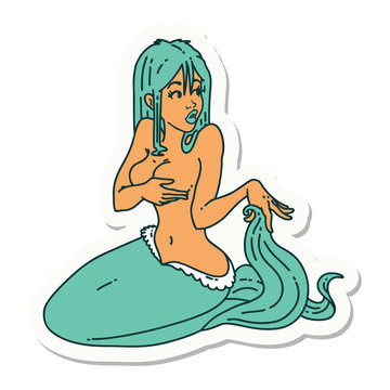 tattoo sticker of a surprised mermaid