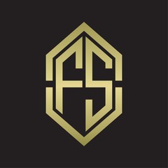 FS Logo monogram with hexagon shape and outline slice style with gold colors