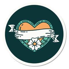 Obraz premium tattoo style sticker of a heart and banner with flowers