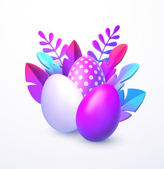 Obraz na płótnie Canvas Easter background. Bright stylish 3D foliage in the style of webdesign neomorphism. Template for advertising banner, flyer, flyer, poster, web page. Vector illustration