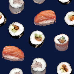 Sushi seamless pattern. Watercolor Background. Food illustration.